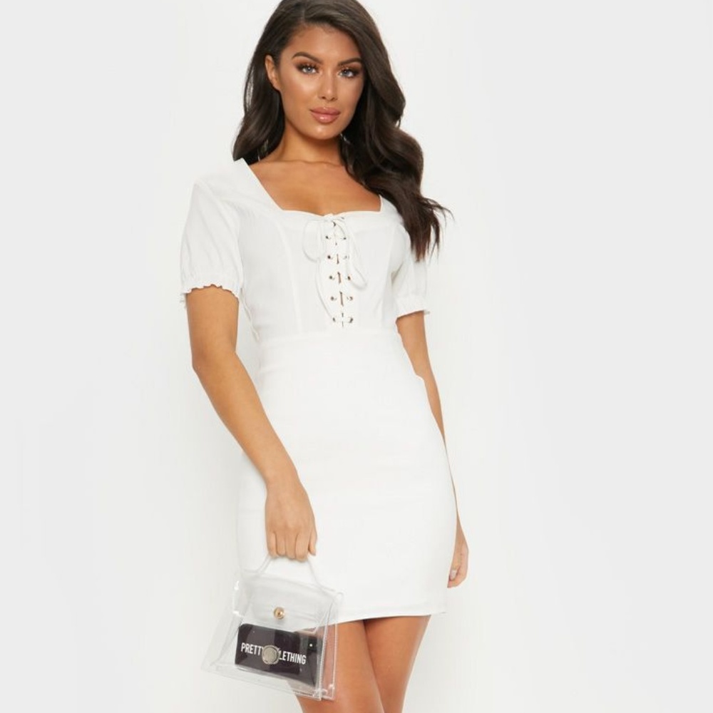 WHITE LACE UP FRILL DETAIL BODYCON DRESS SIZE US 4